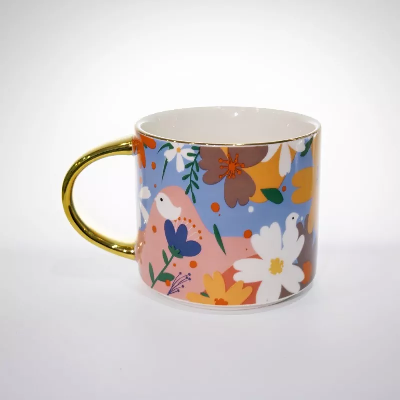 Vibrant Floral Ceramic Mug with Gold Trim